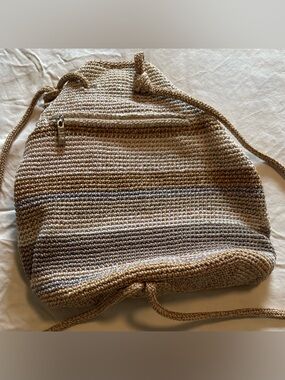 The Sak Neutral Woven Drawstring Backpack in Beige and Tan